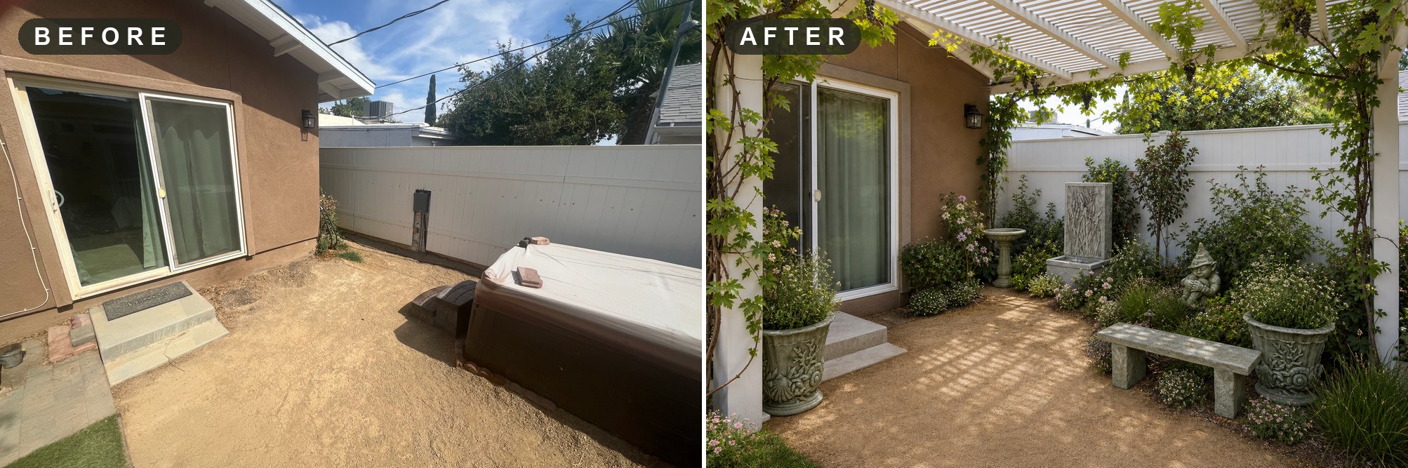 Before and after — a bare side-yard with a hot tub transformed into a Campania courtyard with pergola vines, a fountain, birdbath, bench, planters and statuary